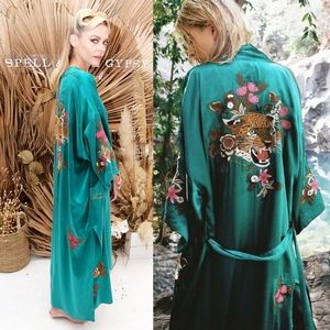💔SOLD💔 🐅🦄 NWT Spell Designs Emerald Tiger Silk Kimono Maxi robe S/M